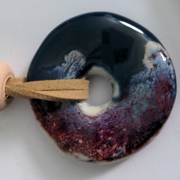 New Long Pendant Necklace, Handmade Pottery Donut,  38"+2" Two Suede Cords, Boho - Picture 5 of 9